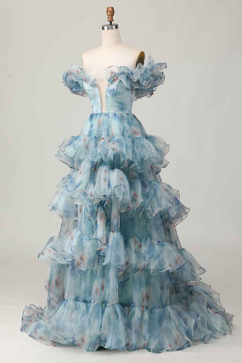 Blue Floral Off The Shoulder Princess Organza Long Prom Dress With Ruffles