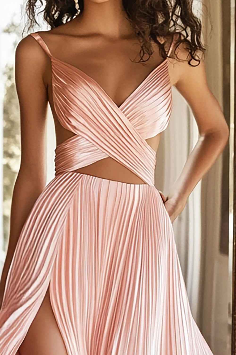 Pink Satin A Line Pleated Spaghetti Strap Cutout Long Prom Dress