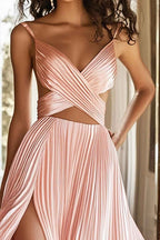 Pink Satin A Line Pleated Spaghetti Strap Cutout Long Prom Dress