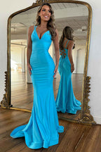 Blue Satin Long Mermaid Prom Dress With Spaghetti Straps Backless Deep V Neck