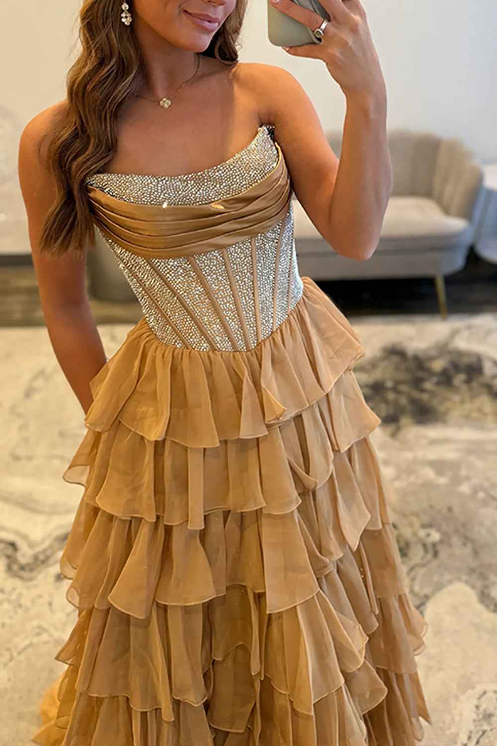 Navy Sparkly Strapless Corset A Line Long Chiffon Prom Dress