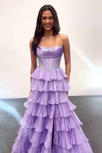 Navy Sparkly Strapless Corset A Line Long Chiffon Prom Dress
