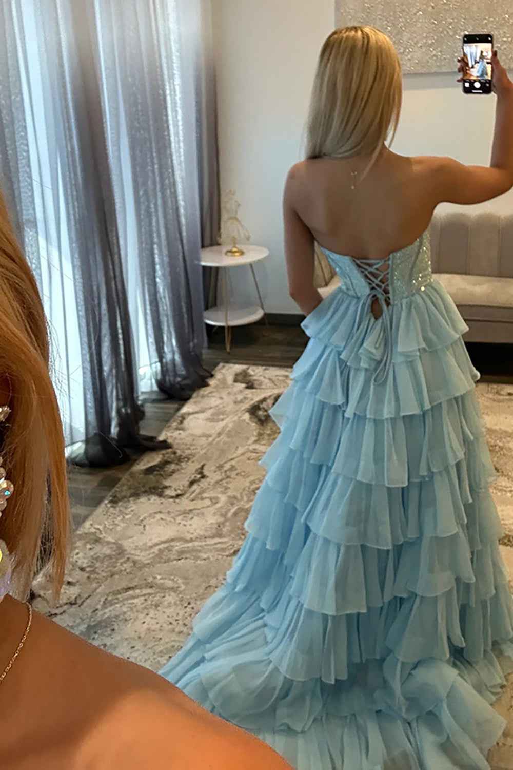 Navy Sparkly Strapless Corset A Line Long Chiffon Prom Dress