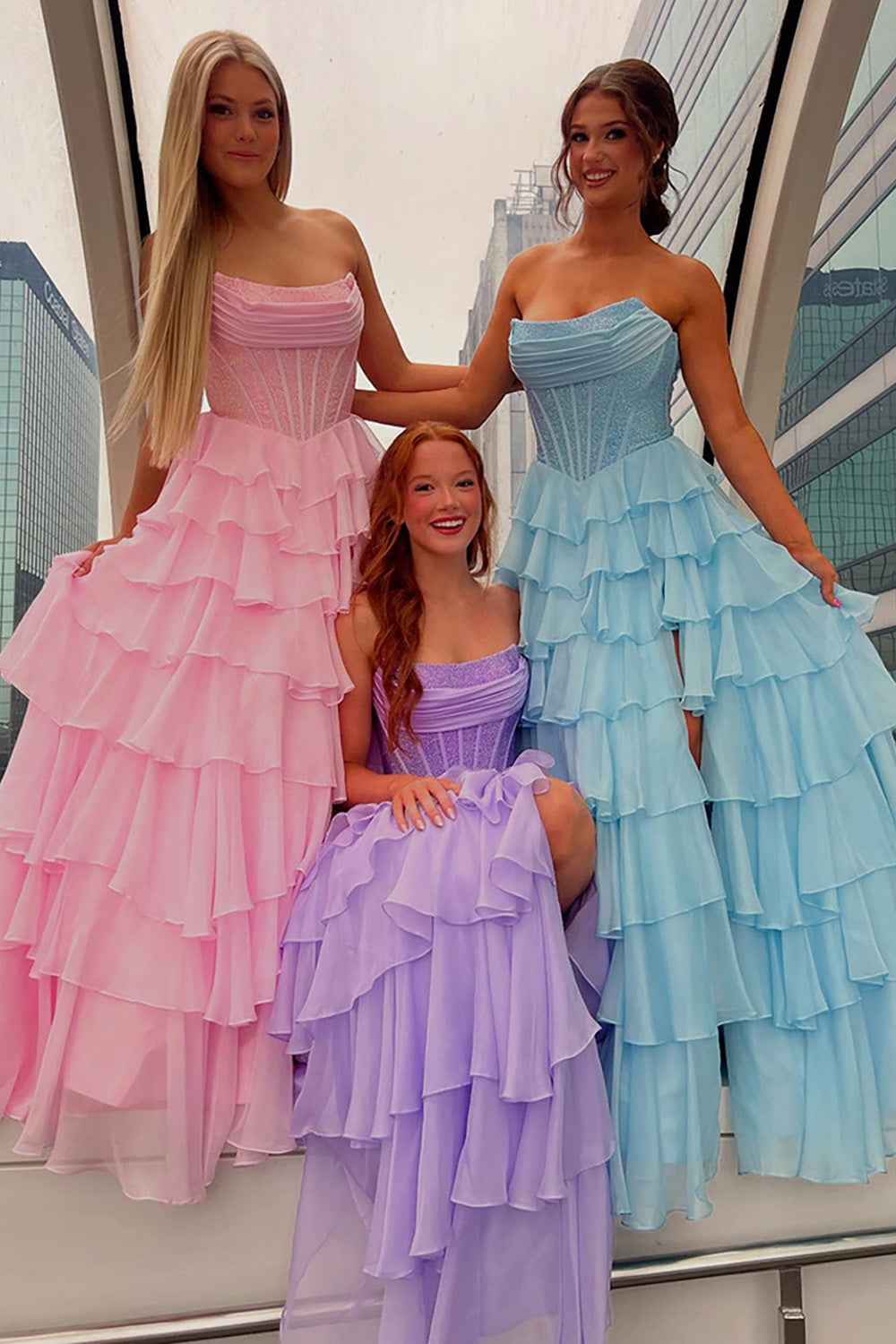 Navy Sparkly Strapless Corset A Line Long Chiffon Prom Dress
