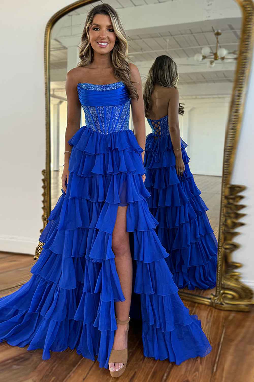 Navy Sparkly Strapless Corset A Line Long Chiffon Prom Dress