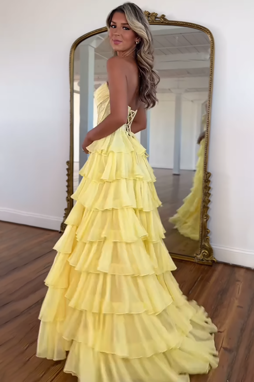 Navy Sparkly Strapless Corset A Line Long Chiffon Prom Dress