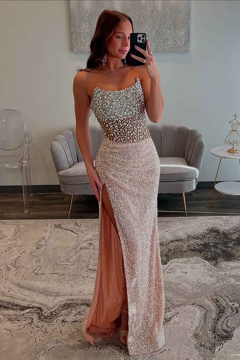 Long Sparkly Champagne Corset Strapless Prom Dress With Slit