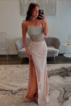 Long Sparkly Champagne Corset Strapless Prom Dress With Slit