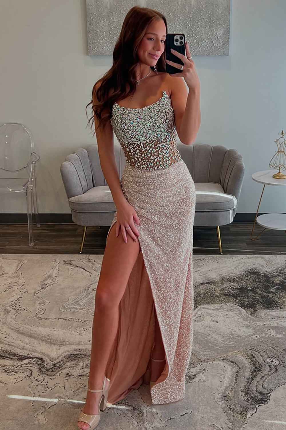Long Sparkly Champagne Corset Strapless Prom Dress With Slit