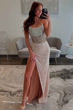 Long Sparkly Champagne Corset Strapless Prom Dress With Slit