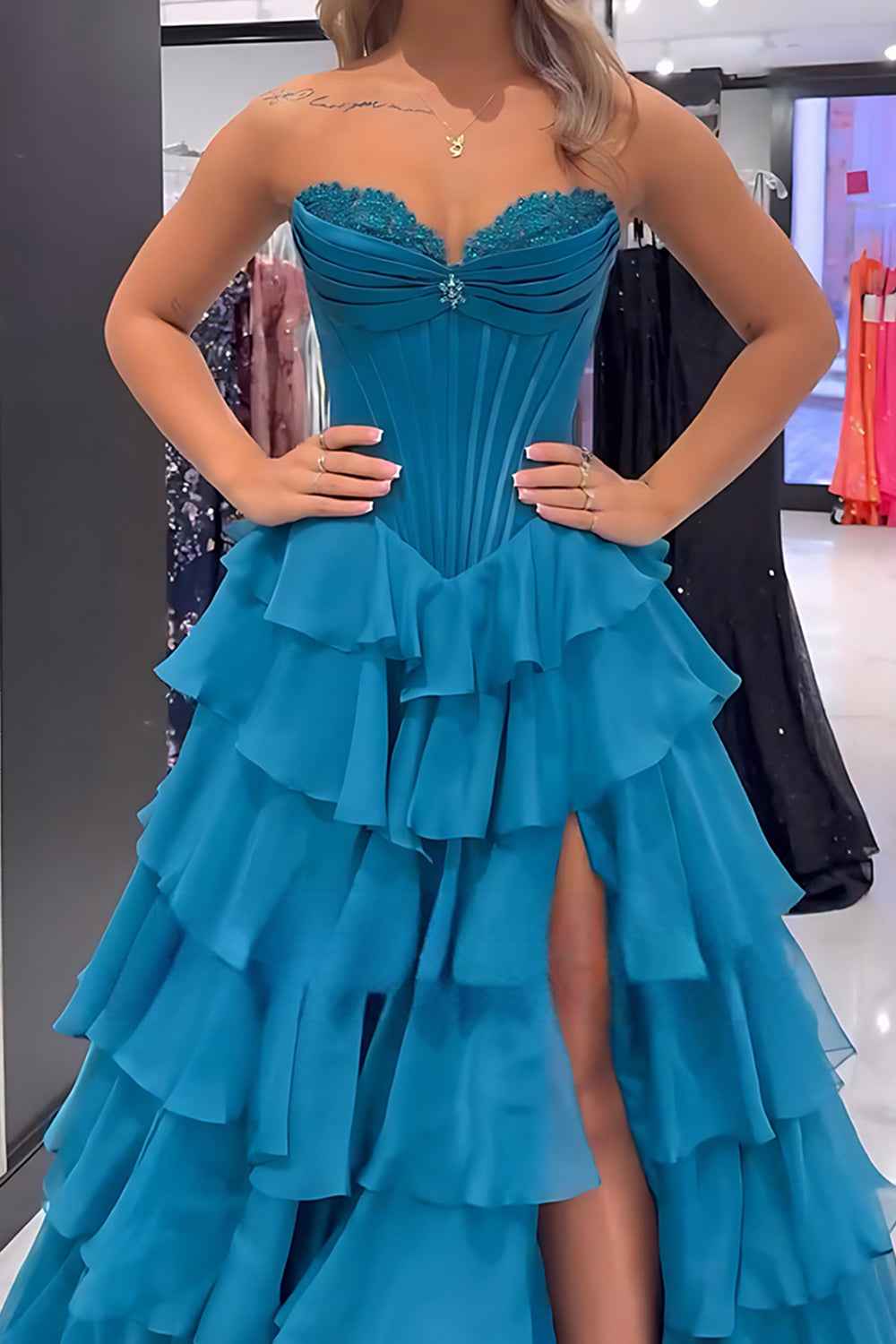 Black Sweetheart Princess Ruffled Long Corset Prom Dress