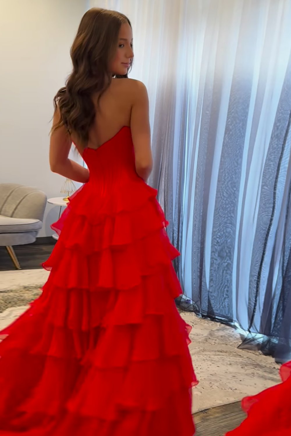 Black Sweetheart Princess Ruffled Long Corset Prom Dress