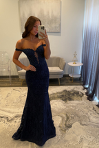 Stunning Navy Off Shoulder Mermaid Corset Lace Prom Dress