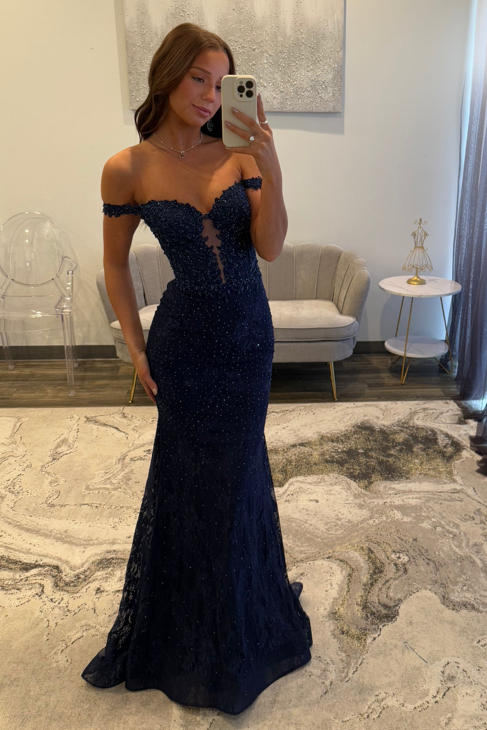 Stunning Navy Off Shoulder Mermaid Corset Lace Prom Dress