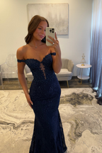 Stunning Navy Off Shoulder Mermaid Corset Lace Prom Dress