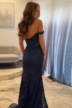 Stunning Navy Off Shoulder Mermaid Corset Lace Prom Dress