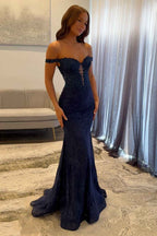 Stunning Navy Off Shoulder Mermaid Corset Lace Prom Dress