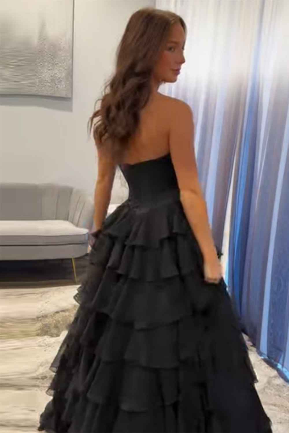 Black A Line Tiered Sweetheart Long Polyester Party Dress With Slit