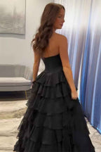 Black A Line Tiered Sweetheart Long Polyester Party Dress With Slit