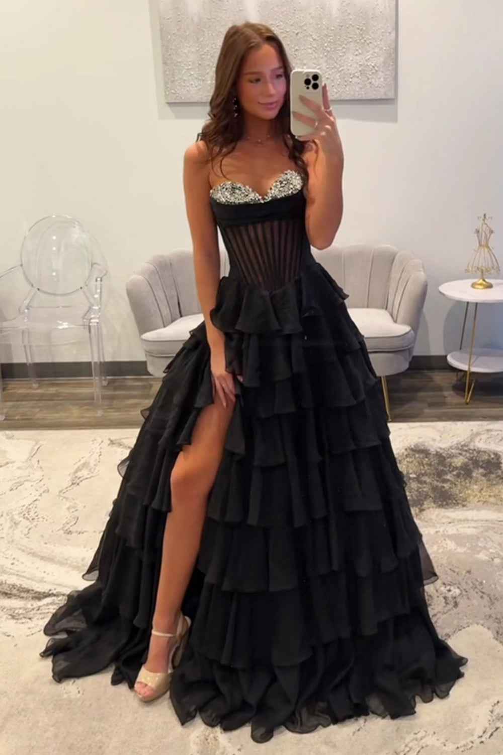Black A Line Tiered Sweetheart Long Polyester Party Dress With Slit