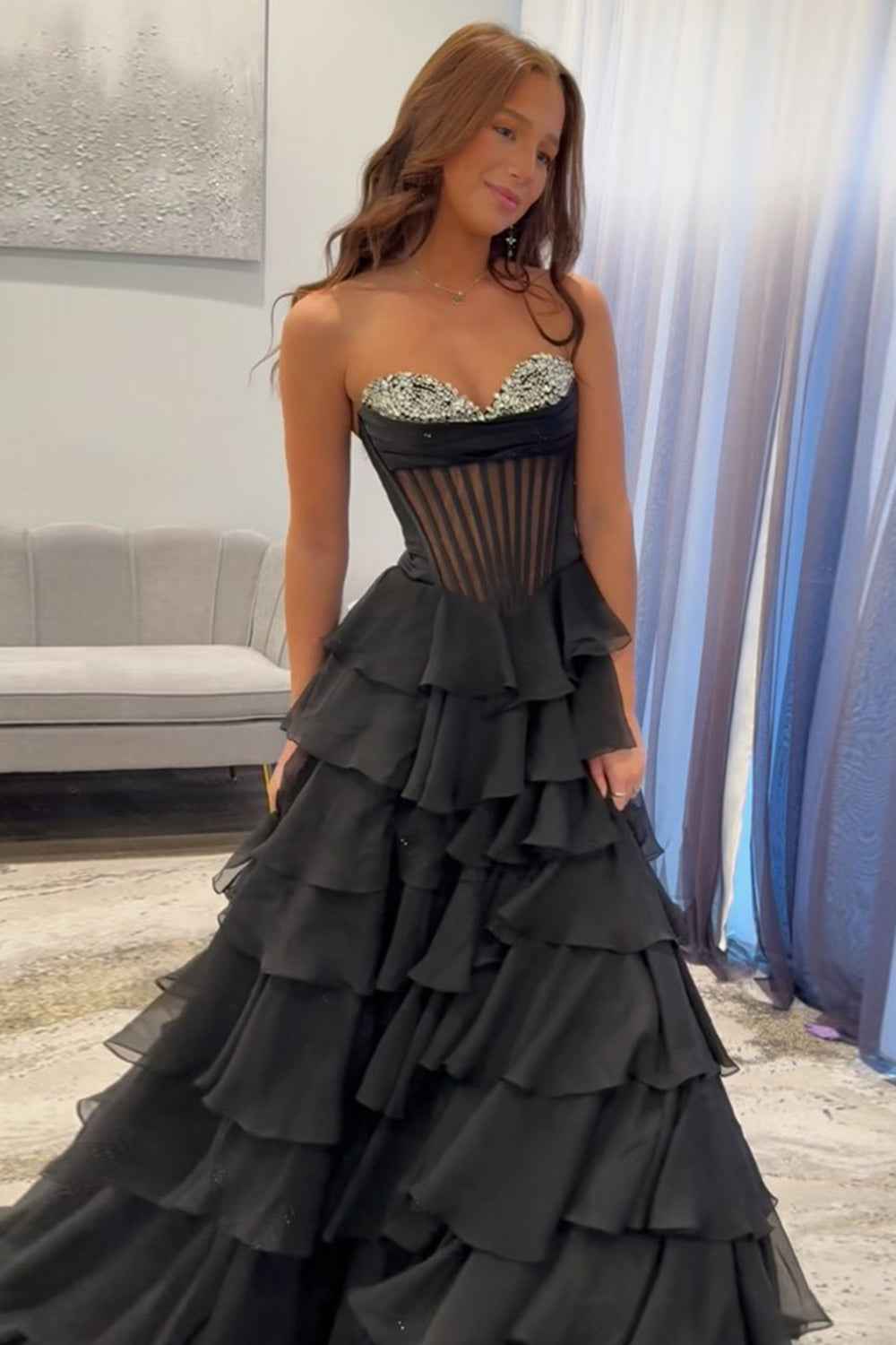 Black A Line Tiered Sweetheart Long Polyester Party Dress With Slit
