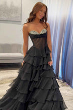 Black A Line Tiered Sweetheart Long Polyester Party Dress With Slit