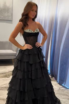 Black A Line Tiered Sweetheart Long Polyester Party Dress With Slit