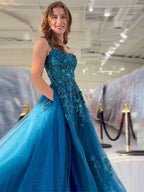 Peacock Blue A Line Slit Tulle Prom Dress With Appliques