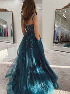 Peacock Blue A Line Slit Tulle Prom Dress With Appliques