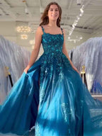 Peacock Blue A Line Slit Tulle Prom Dress With Appliques