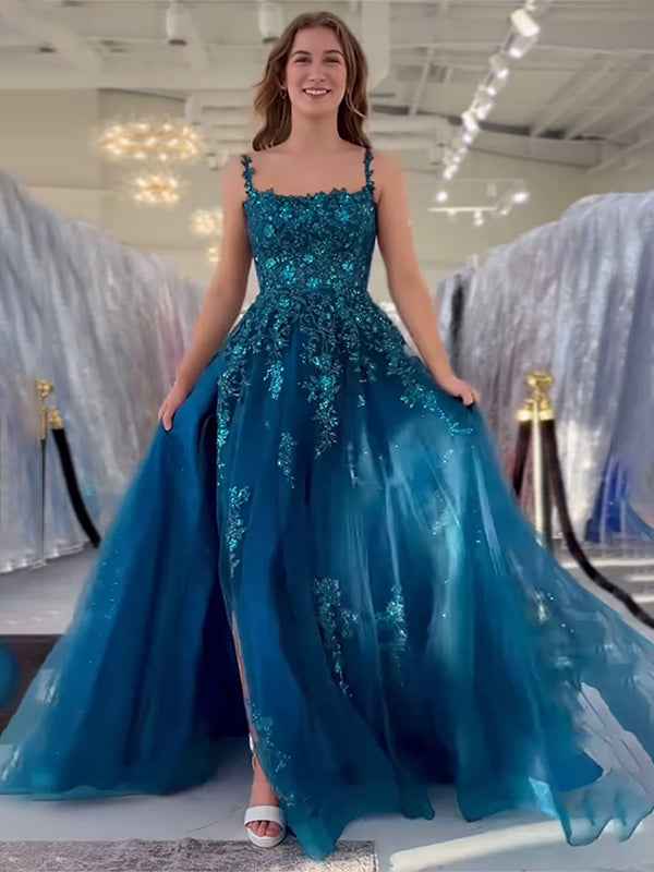 Peacock Blue A Line Slit Tulle Prom Dress With Appliques