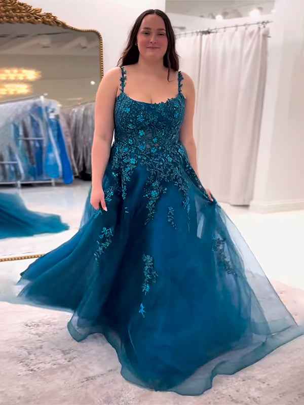 Peacock Blue A Line Slit Tulle Prom Dress With Appliques