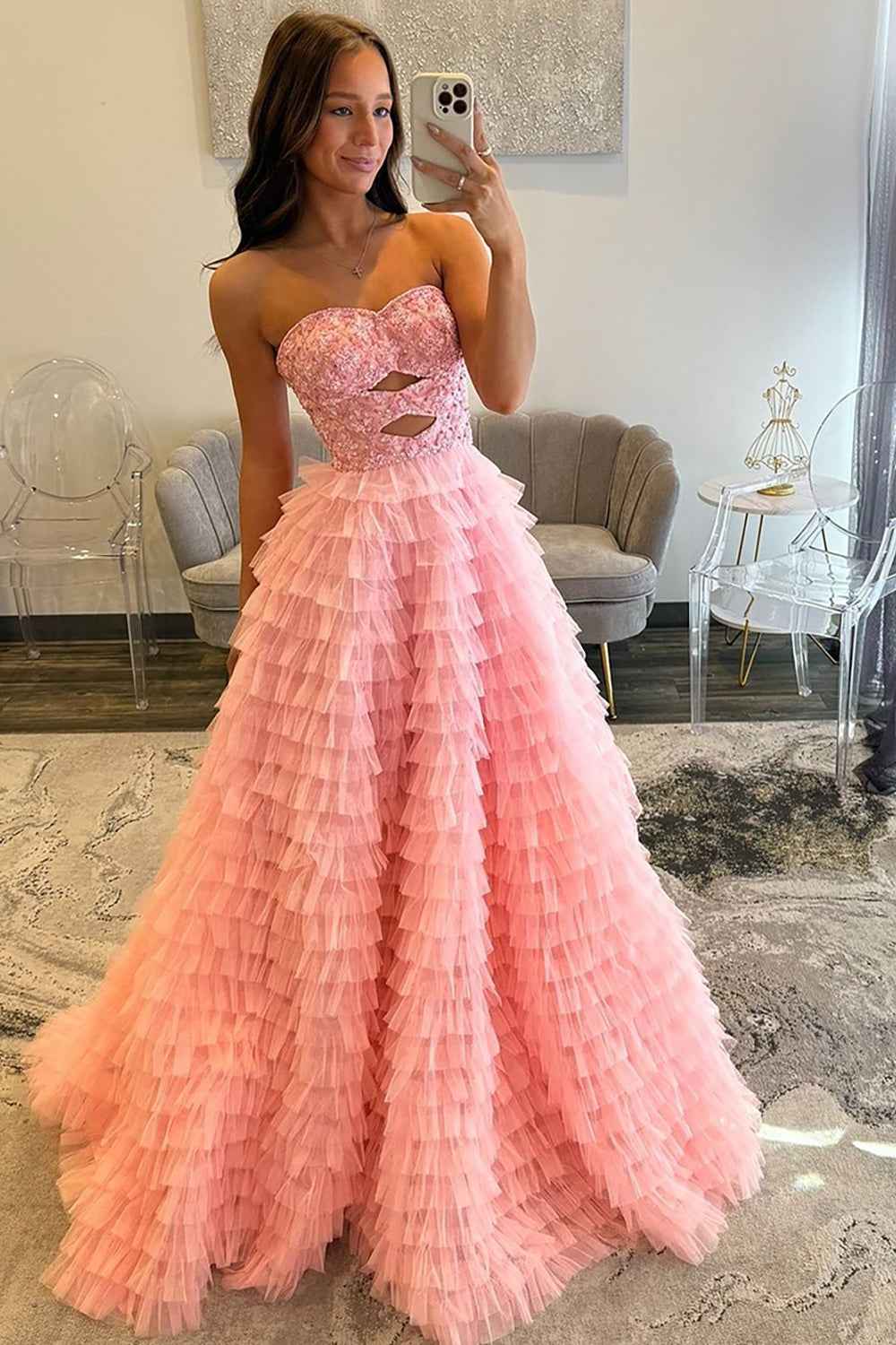Pink Strapless Ball Gown Tulle Prom Dress Women Long