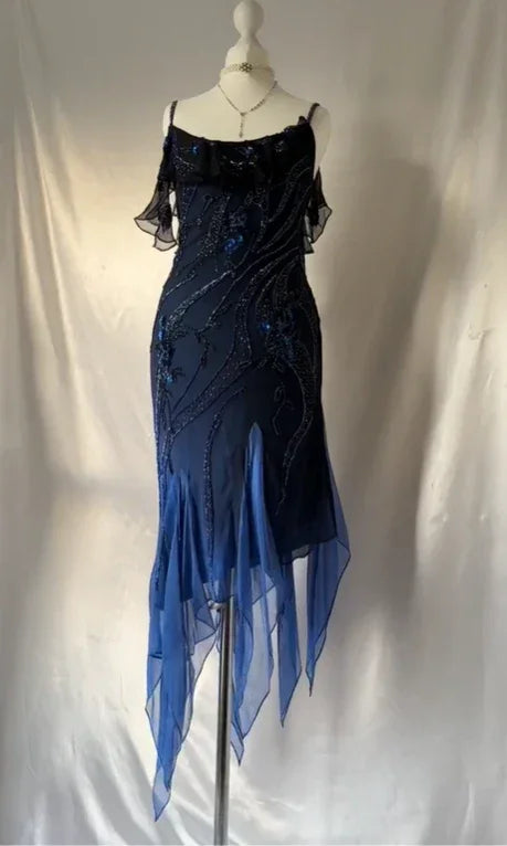 Vestido de noite formal luxuoso azul-marinho em chiffon com contas para festa e baile Y7529