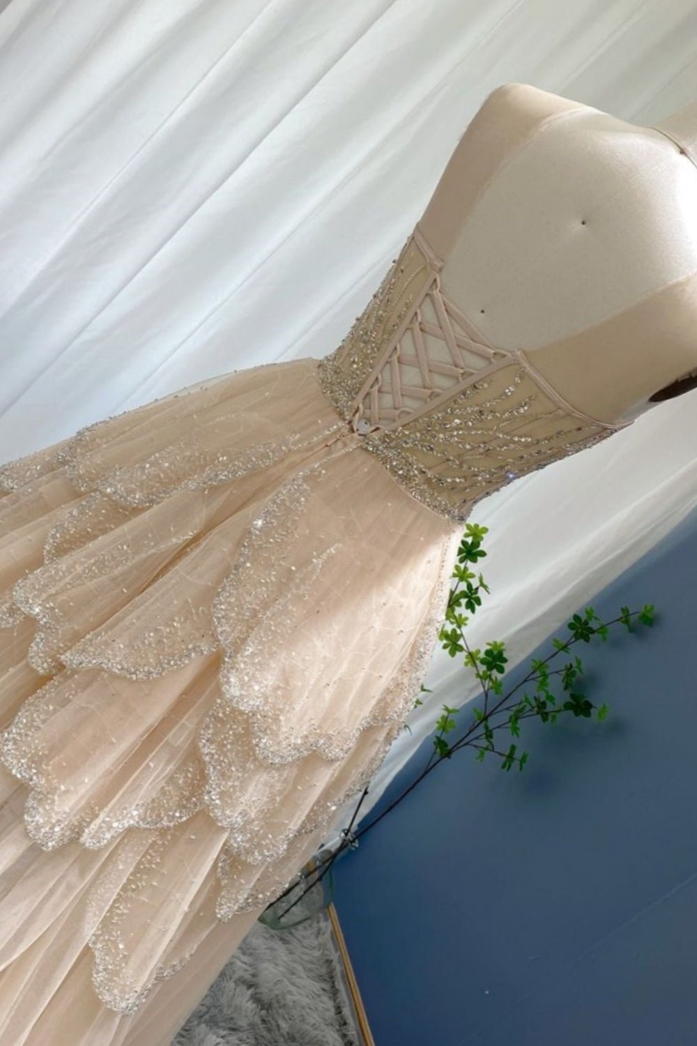Bmbridal A Line Hi Lo Strapless Tulle Prom Dress With Lace Beading