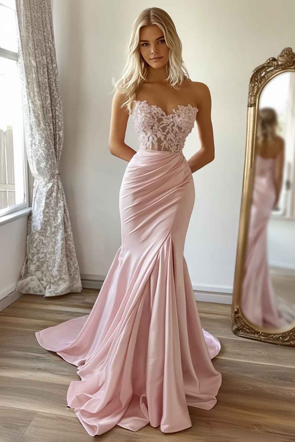 Elegant Pink Mermaid Satin Strapless Corset Prom Dress With Lace