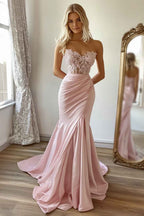 Elegant Pink Mermaid Satin Strapless Corset Prom Dress With Lace