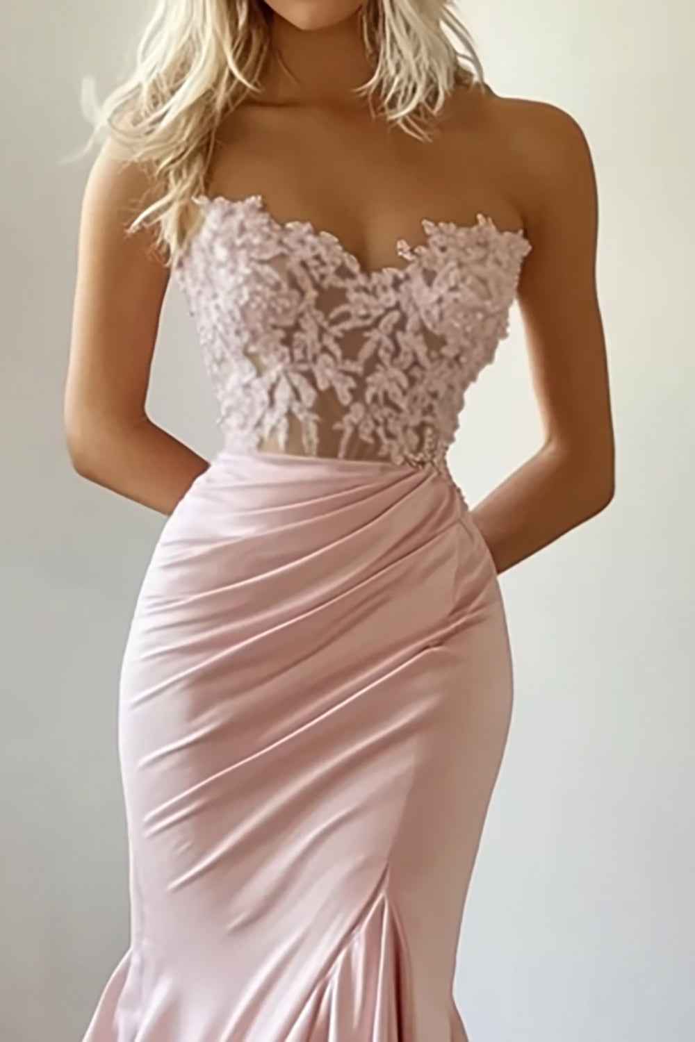 Elegant Pink Mermaid Satin Strapless Corset Prom Dress With Lace