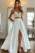 White Satin V Neck Two Piece Prom Dress With Slit