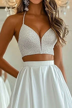White Satin V Neck Two Piece Prom Dress With Slit