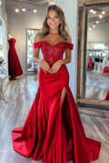 Red Satin Mermaid Prom Dress Long Off Shoulder With Slit