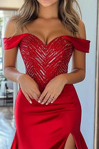 Red Satin Mermaid Prom Dress Long Off Shoulder With Slit