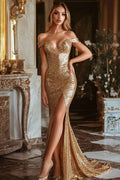 Sparkly Gold Sequin Off Should Mermaid Prom Dress Plunge With Slit