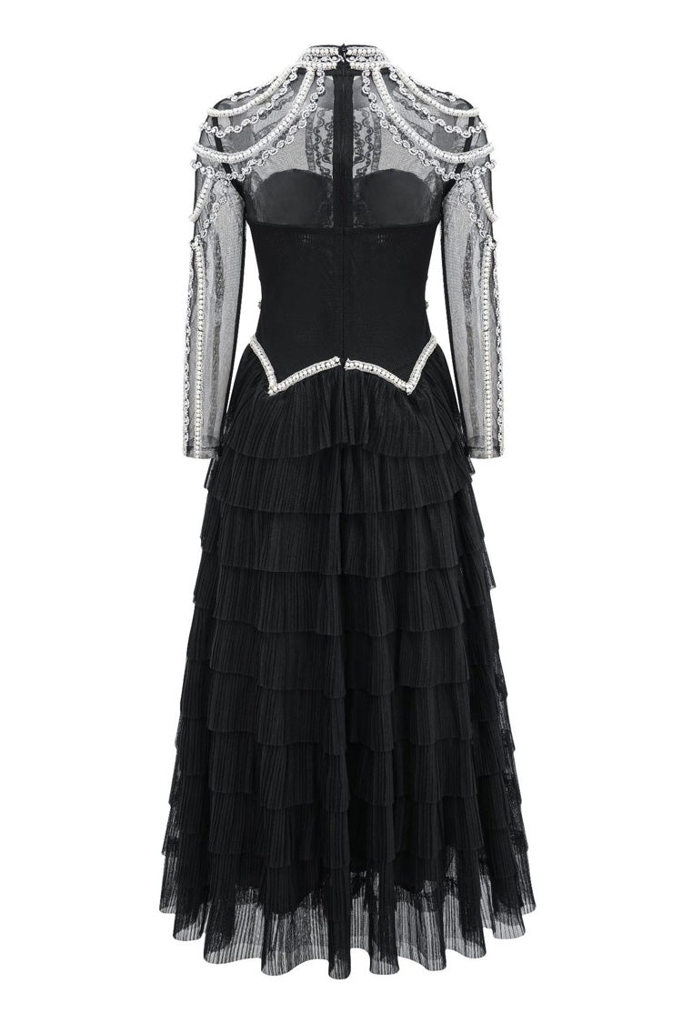 Abito da sera lungo in tulle a goccia con perle di cristallo e vita cadente a balze