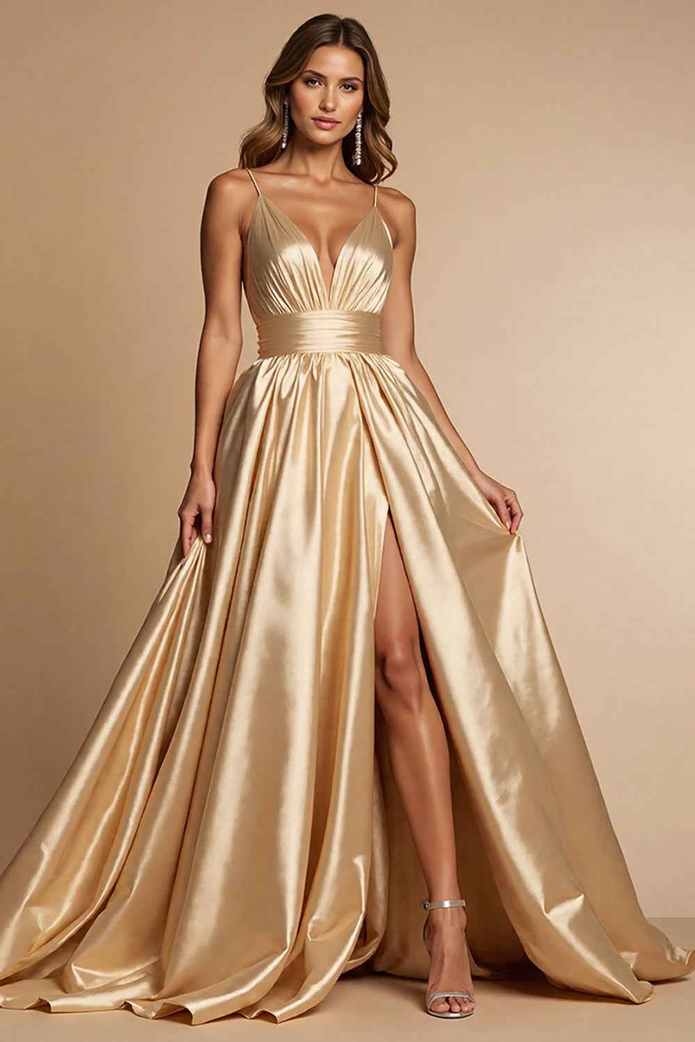 Golden A Line Satin Spaghetti Strap Long Prom Dress With Slit
