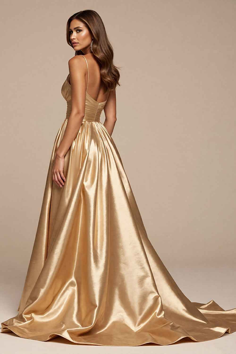 Golden A Line Satin Spaghetti Strap Long Prom Dress With Slit