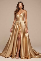 Golden A Line Satin Spaghetti Strap Long Prom Dress With Slit