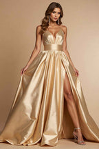 Golden A Line Satin Spaghetti Strap Long Prom Dress With Slit