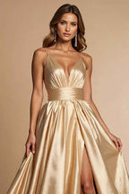 Golden A Line Satin Spaghetti Strap Long Prom Dress With Slit