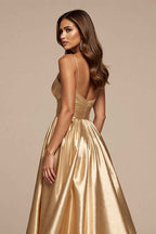 Golden A Line Satin Spaghetti Strap Long Prom Dress With Slit